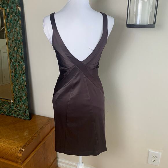 Vintage Y2K Stretch Satin Mini Cocktail Dress Chocolate Brown Formal Flattering - Picture 10 of 13